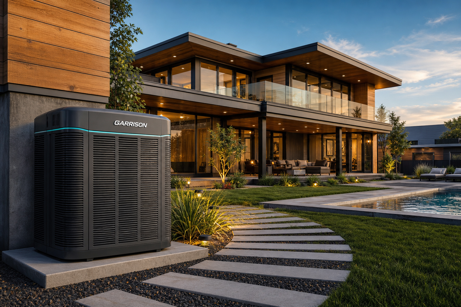 Garrison HVAC outdoor unit on a light professional homepage
