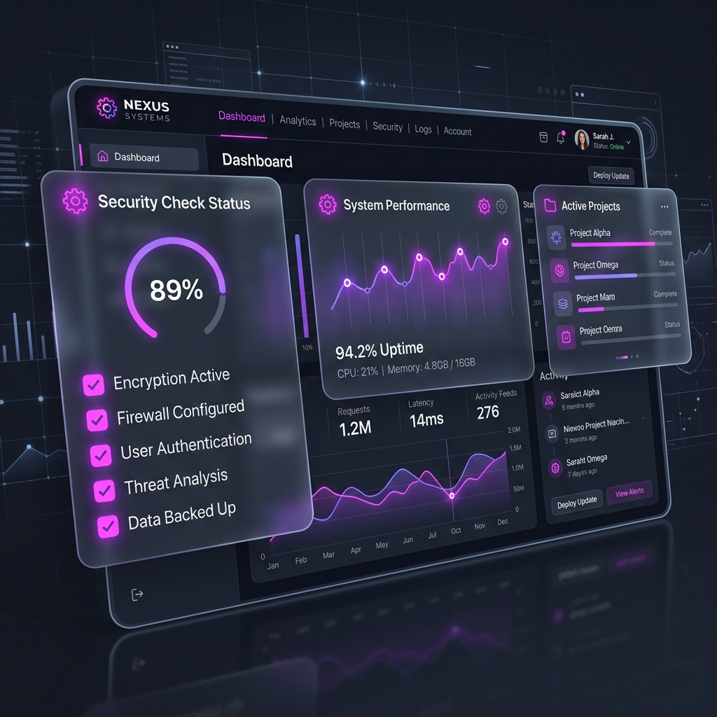 Modern glossy SaaS software dashboard with neon purple charts